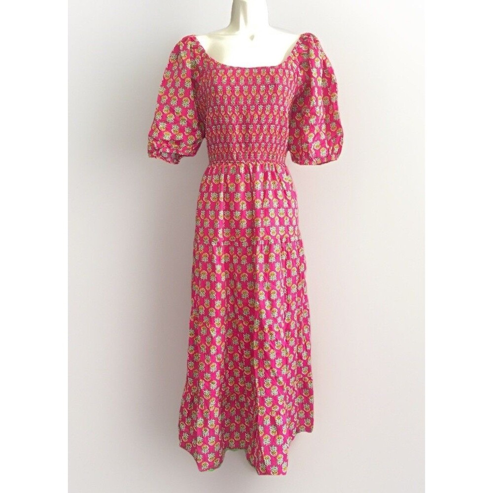 LEA Smocked Cotton Floral Maxi Dress Lightweight Flowy 1X Country Chic Pockets